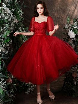 Picture of Cute Wine Red Color Tulle with Lace Tea Length Formal Dresses, Wine Red Color Evening Dress